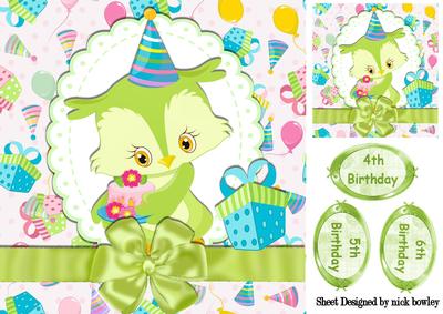 Cute Little Birthday Green Owl with Big Bow 8x8