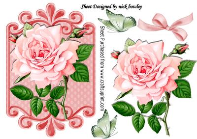 Pretty Pink Blush Rose with Butterflies and Bow on Plaque