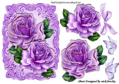 Pretty Purple Roses and Butterflies with Bow on a Plaque