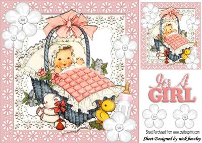 Cute Vintage Baby Girl in Her Basket with Bow 8x8