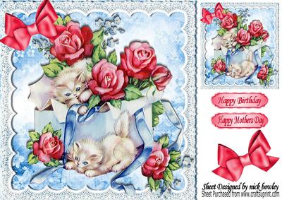 Box of Cute White Kittens with Roses & Bow 8x8