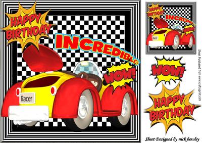 Yellow Red Toon Car, with Cartoon Words on Check Frame 8x8
