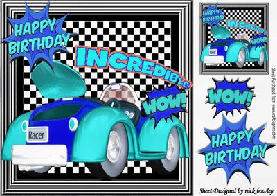 Blues Toon Car, with Cartoon Words on Check Frame 8x8