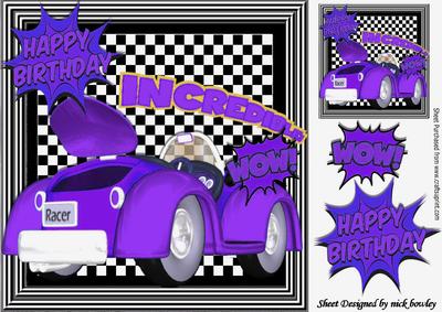 Purple Car, with Cartoon Words on Check Frame 8x8