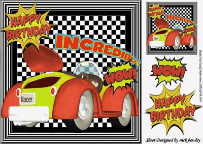 Burnt Orange and Gold Toon Car with Cartoon Words 8x8