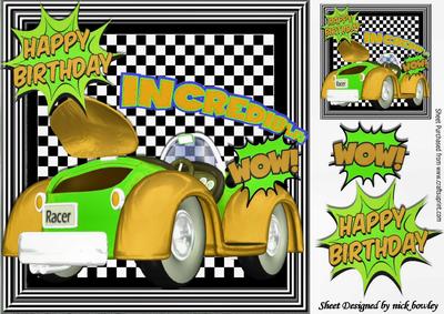 Green and Gold Toon Car with Cartoon Words 8x8