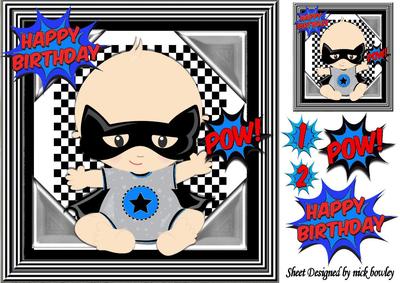 Super Hero, Bat Baby, with Blue/red Cartoon Words 8x8