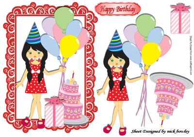 Happy Birthday! Birthday Girl with Balloons, Cake & Pressie