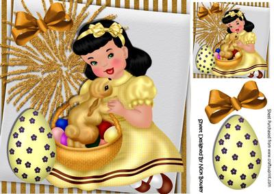 Happy Girl at Easter with Basket of Eggs and Bunny 8x8