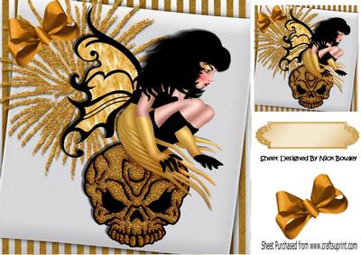 Gothic Faerie in Gold on Gold Glitter Skull 8x8