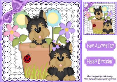 Cute Yorkshire Terriers in a Plant Pot on Lace 8x8