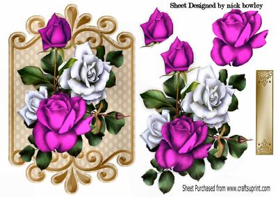 Cerise Pink and White Roses on Ornate Plaque