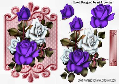 White and Purple Roses on Ornate Plaque