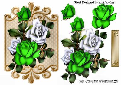 White and Green Roses on Ornate Plaque