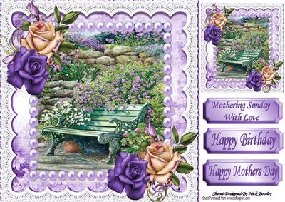 Garden Bench with Cream/purple Roses with Pearls 8x8
