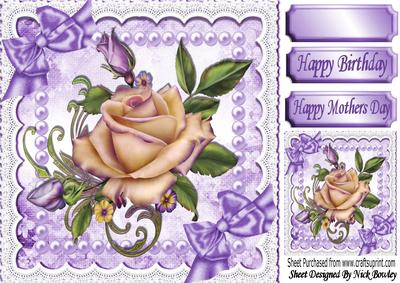 Purple and Cream Roses, Pearls, Lace and Topper 8x8