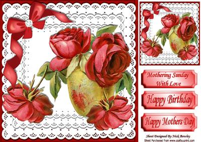 Pretty Red Roses in Vase with Red Bow on Lace 8x8
