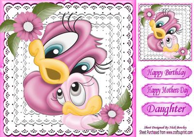 Mummys Little Chick with Cuddles and Flowers on Lace 8x8