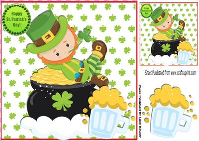Leprechaun on a Pot of Gold with His Beer 8x8