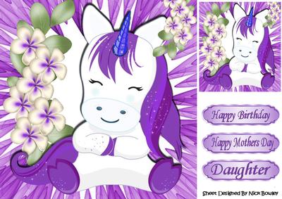 Little Sleepy Purple Unicorn with Flowers 8x8