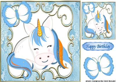 Pretty Sleeping Blue Unicorn with Butterfly 8x8