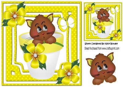 Cute Little Brown Kitten in Flower Pot with Butterfly 8x8