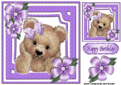 Cute Fuzzy Bear with Purple Flowers and Bow 8x8