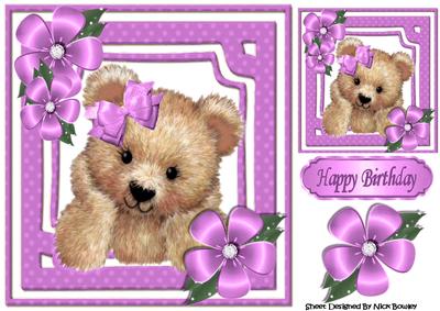 Cute Fuzzy Bear with Pink Flowers and Bow 8x8