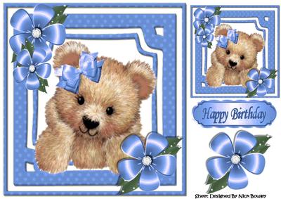 Cute Fuzzy Bear with Blue Flowers and Bow 8x8