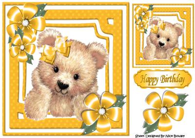 Cute Fuzzy Bear with Gold Flowers and Bow 8x8