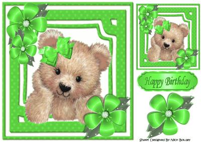 Cute Fuzzy Bear with Green Flowers and Bow 8x8
