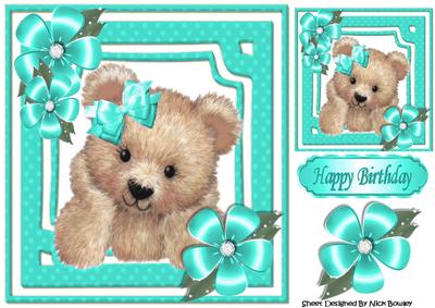 Cute Fuzzy Bear with Turq Flowers and Bow 8x8