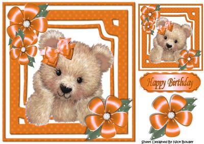 Cute Fuzzy Bear with Orange Flowers and Bow 8x8
