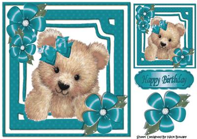 Cute Fuzzy Bear with Jade Bow and Flowers 8x8