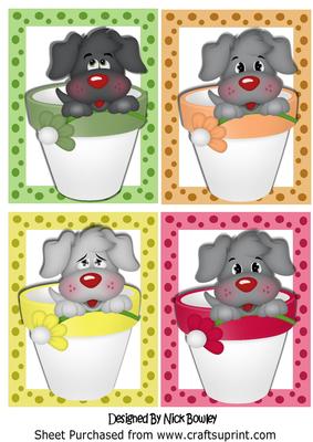 4 Cute Puppies in Spotty Frames,in Plant Pots Toppers