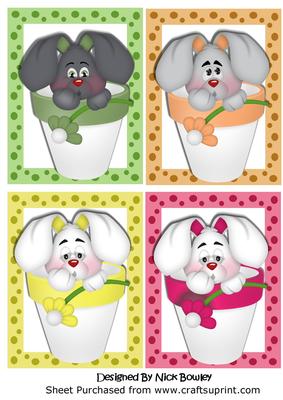 4 Cute Bunnies in Spotty Frames,in Plant Pots Toppers