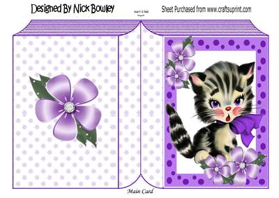 Cute Kitty in Purple Bow, with Flowers, Folded Book