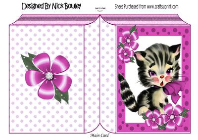 Cute Kitty in Pink Bow, with Flowers, Folded Book