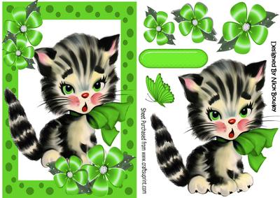Cute Kitty in Green Bow, with Flowers and Dotty Frame