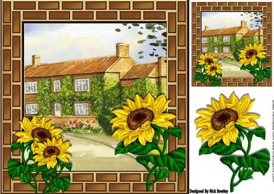 Pretty Sunflowers with Cottages in Brick Frame 8x8