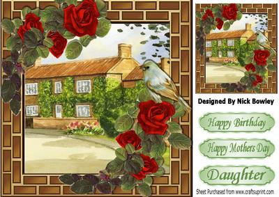 Pretty Red Roses with Cottages in Brick Effect Frame 8x8