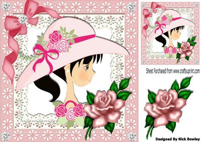 Pretty Girl in Bonnet with Bow and Rose on Lace 8x8