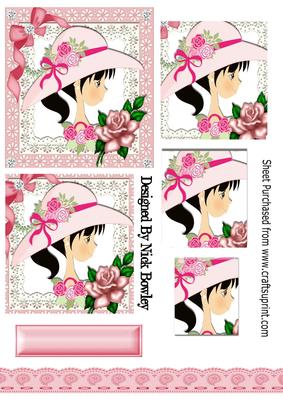 Pretty Girl in Bonnet with Bow and Rose on Lace Pyramids