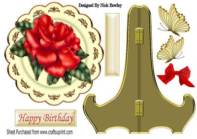Pretty Red Rose on Cream/gold Plate & Stand