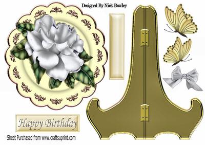 Pretty Silver Rose on Cream/gold Plate & Stand
