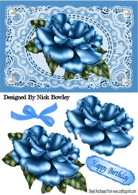 Blue Rose on Blue Vintage Lace with White Pearls