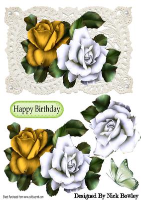 Gold and White Roses on Vintage Lace with Pearls