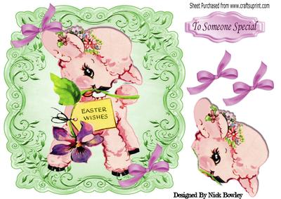 Easter Wishes with Cute Lamb & Flowers and Purple Bow
