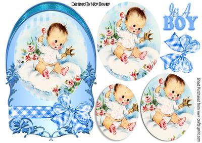Cute Little Baby Boy with Gingham Bow, Oval Pyramids