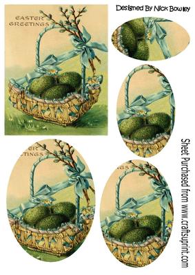 Pretty Vintage Basket of Easter Eggs Oval Pyramids